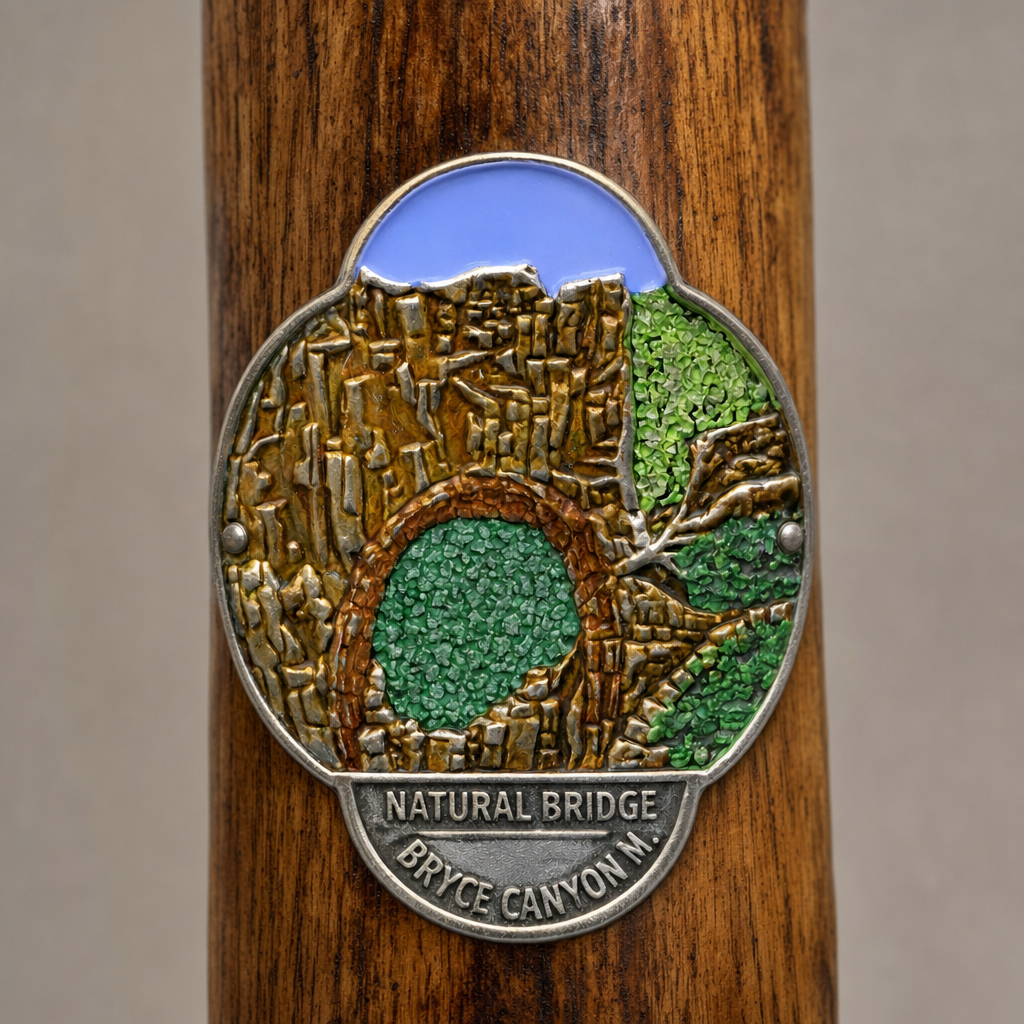 Bryce Canyon National Park Natural Bridge hiking stick medallion installed on a wooden hiking staff