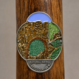 Bryce Canyon National Park Natural Bridge hiking stick medallion installed on a wooden hiking staff