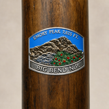 Big Bend National Park Emory Peak hiking stick medallion installed on a wooden hiking staff