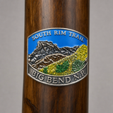 Big Bend National Park South Rim Trail hiking stick medallion installed on a wooden hiking staff