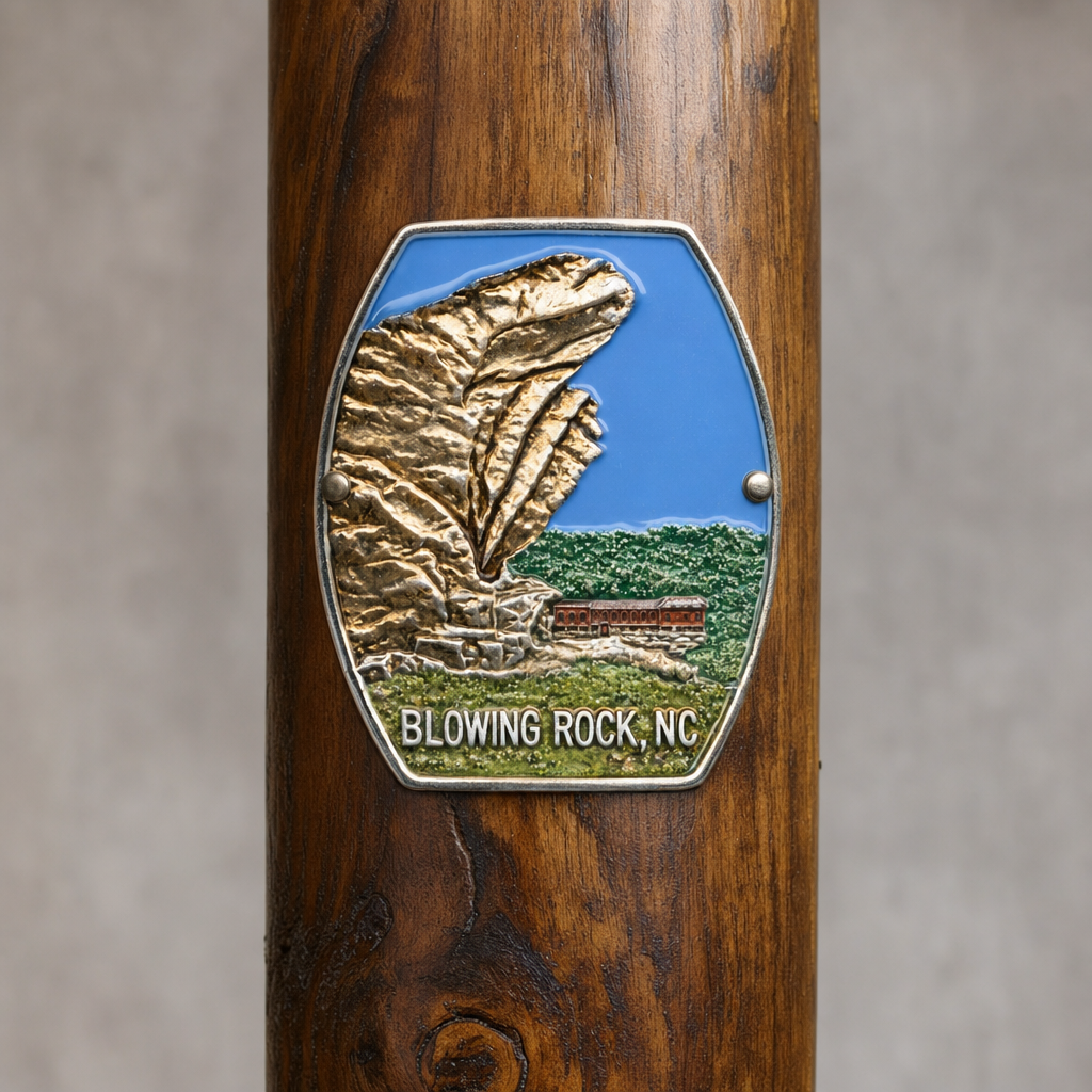 Blowing Rock State Park hiking stick medallion installed on a wooden hiking staff