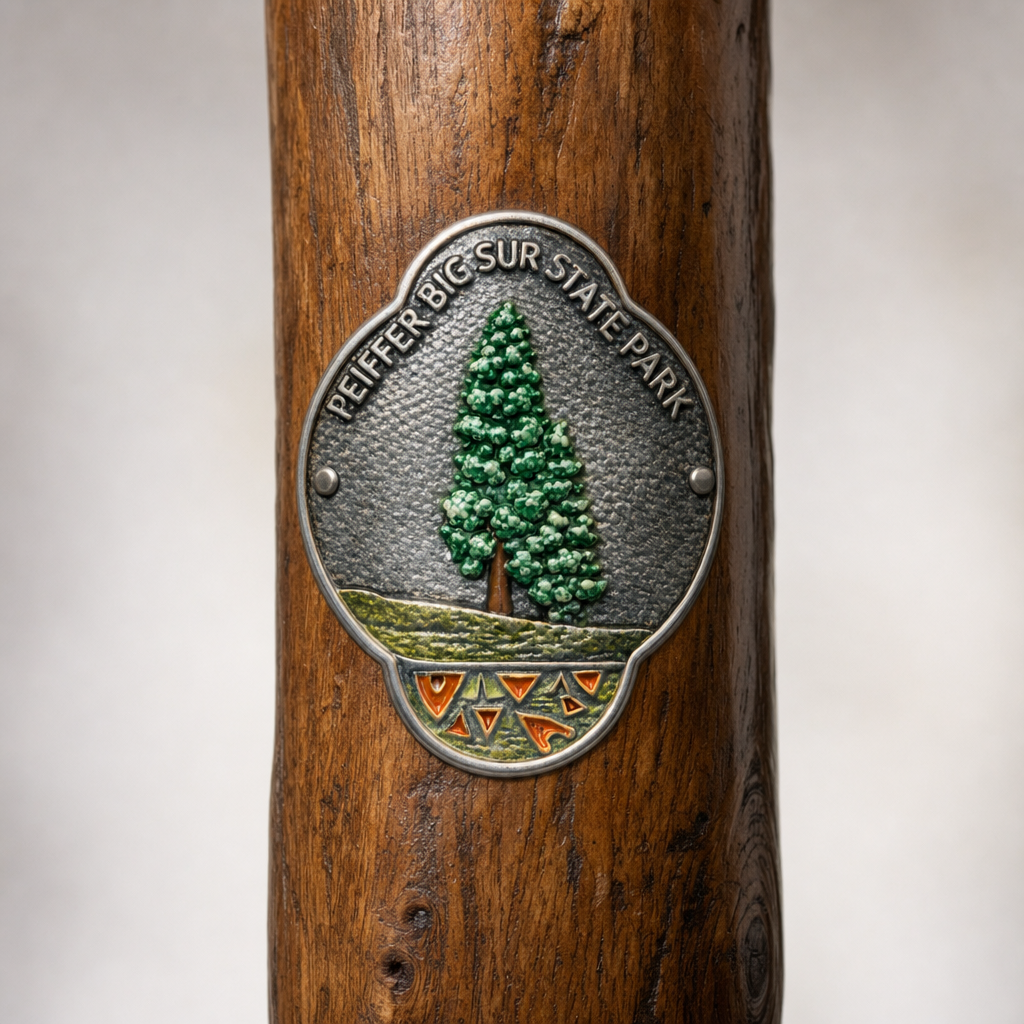 Big Sur Pfeiffer State Park Redwood Trees hiking stick medallion installed on a wooden hiking staff