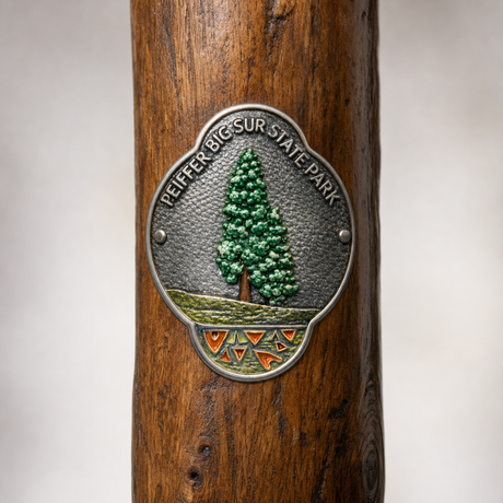 Big Sur Pfeiffer State Park Redwood Trees hiking stick medallion installed on a wooden hiking staff