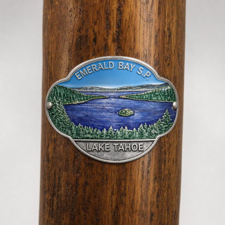 Emerald Bay State Park Lake Tahoe hiking stick medallion installed on a wooden hiking staff
