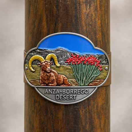 Anza-Borrego Desert State Park hiking stick medallion installed on a wooden hiking staff