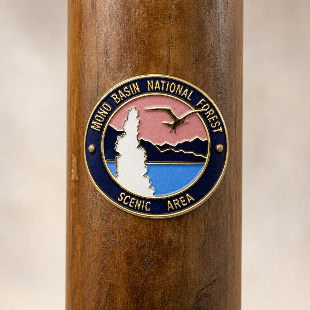Mono Basin National Forest hiking stick medallion installed on a wooden hiking staff
