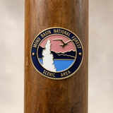 Mono Basin National Forest hiking stick medallion installed on a wooden hiking staff