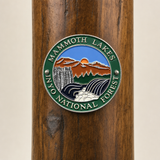 Mammoth Lakes State Park hiking stick medallion installed on a wooden hiking staff