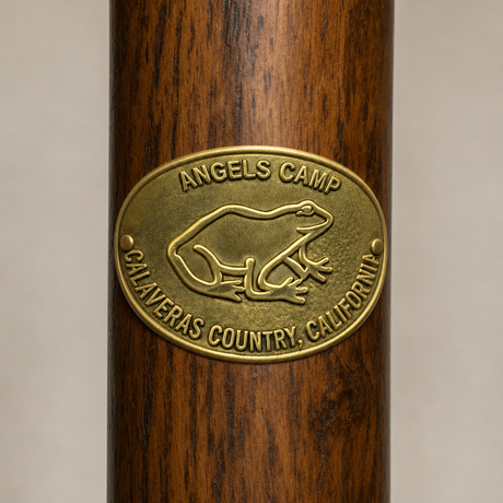 Angels Camp State Park Frog hiking stick medallion installed on a wooden hiking staff
