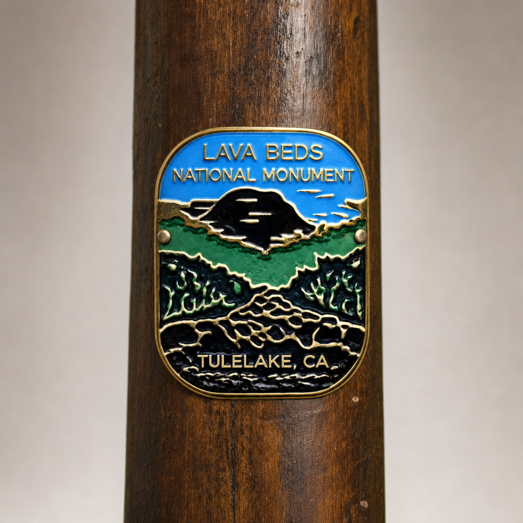Lava Beds National Monument hiking stick medallion installed on a wooden hiking staff