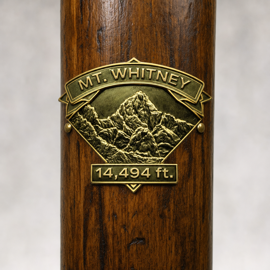 Mt. Whitney State Park Eastern Sierra View hiking stick medallion installed on a wooden hiking staff