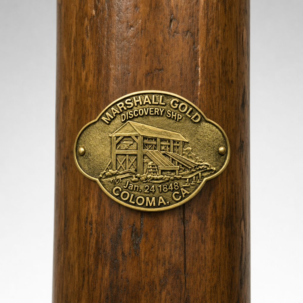 Marshall Gold Discovery State Park hiking stick medallion installed on a wooden hiking staff