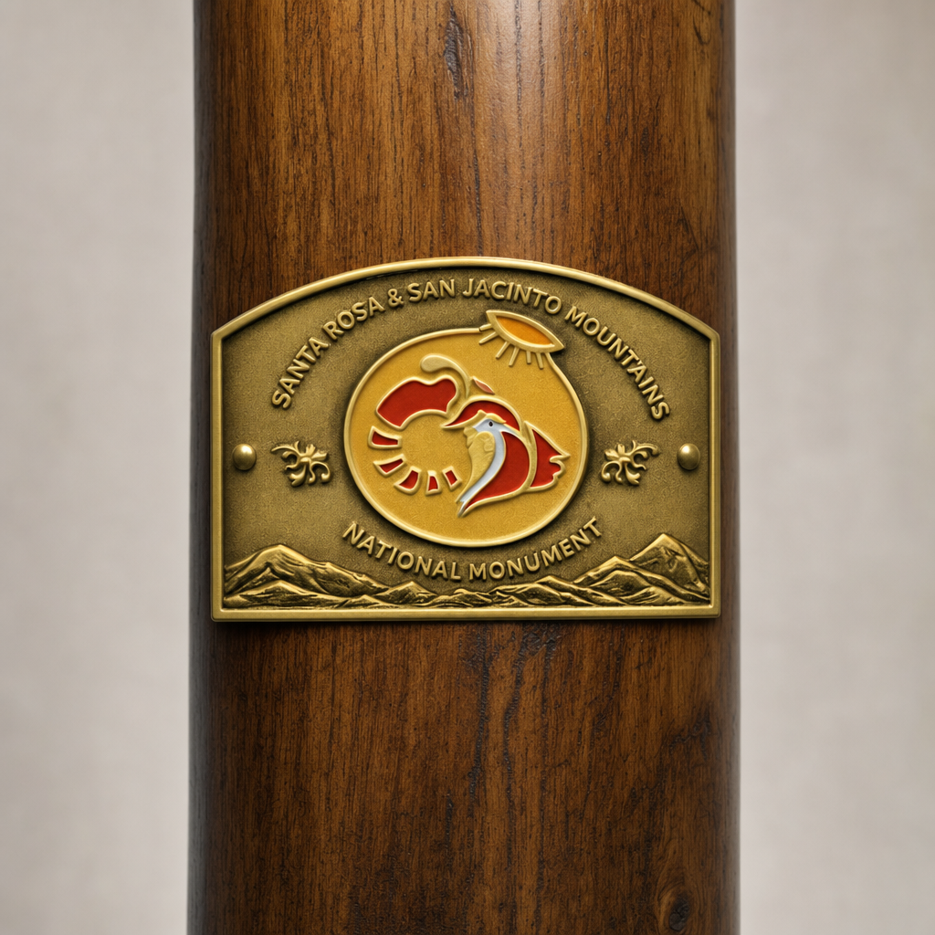 San Jacinto Mtns. National Monument hiking stick medallion installed on a wooden hiking staff
