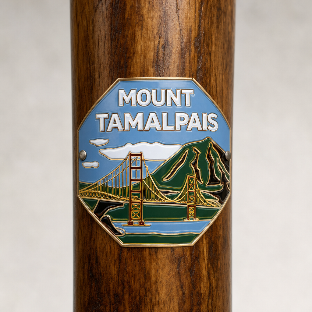 Mt. Tamalpais State Park hiking stick medallion installed on a wooden hiking staff