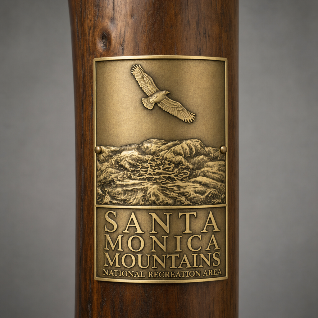 Santa Monica Mts National Recreation Area hiking stick medallion installed on a wooden hiking staff