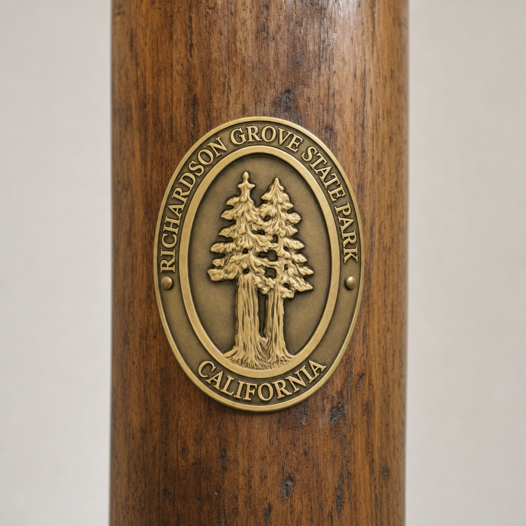 Richardson Grove State Park hiking stick medallion installed on a wooden hiking staff