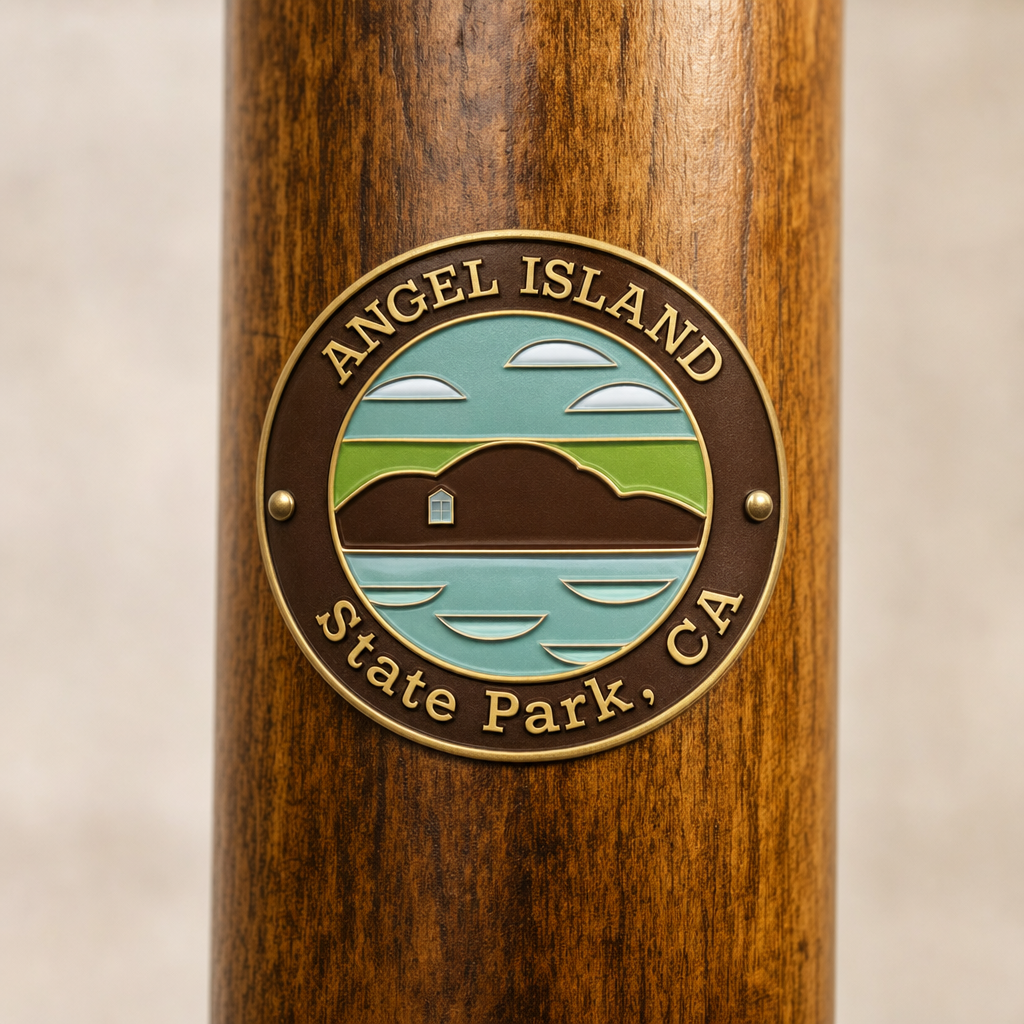 Angel Island State Park hiking stick medallion installed on a wooden hiking staff