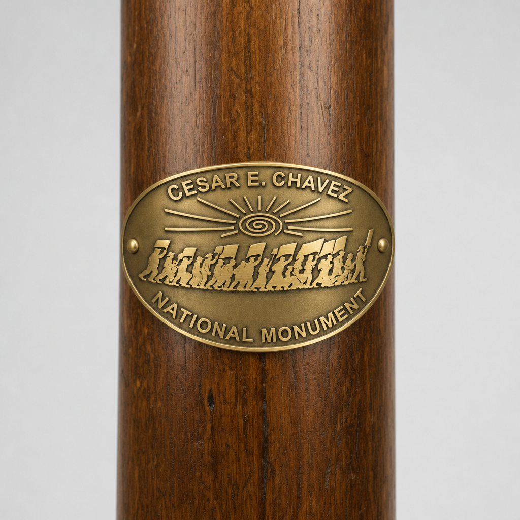 Cesar Chavez National Monument hiking stick medallion installed on a wooden hiking staff