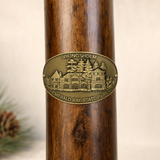 Vikingsholm State Park hiking stick medallion installed on a wooden hiking staff