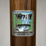 McArthur-Burney Falls hiking stick medallion installed on a wooden hiking staff