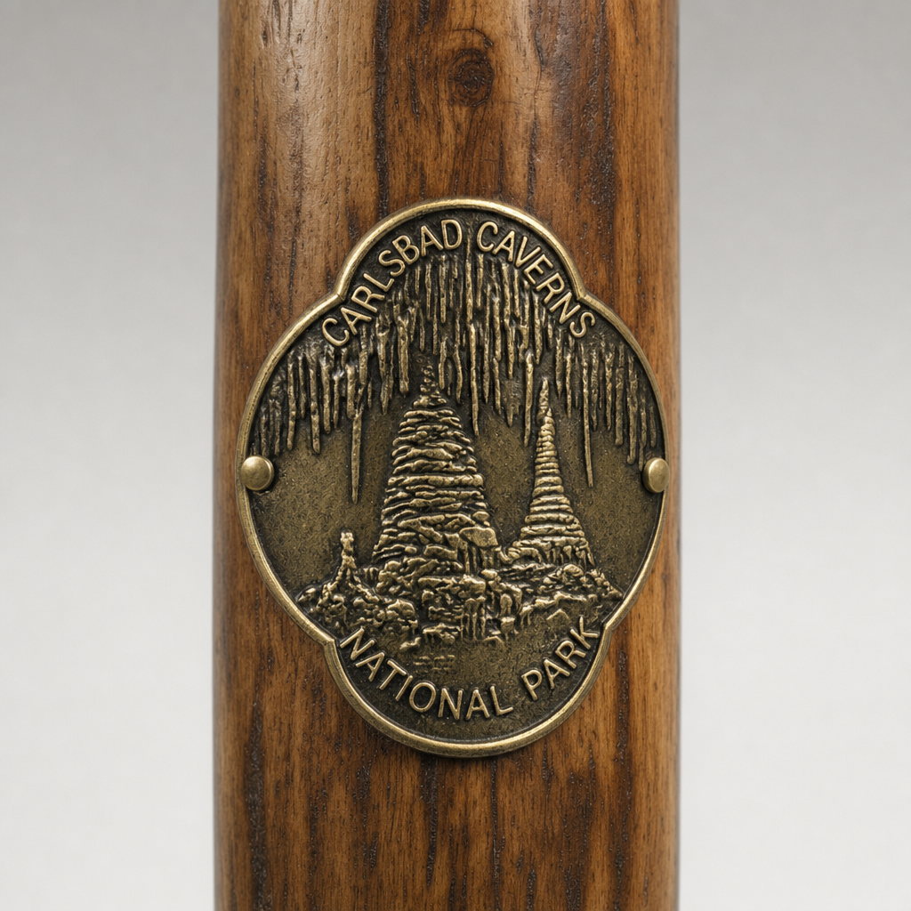 Carlsbad Caverns National Park Cave View hiking stick medallion installed on a wooden hiking staff