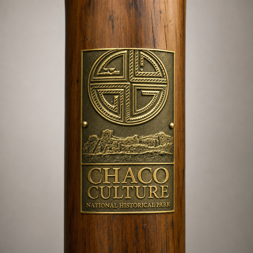 Chaco Culture National Monument hiking stick medallion installed on a wooden hiking staff