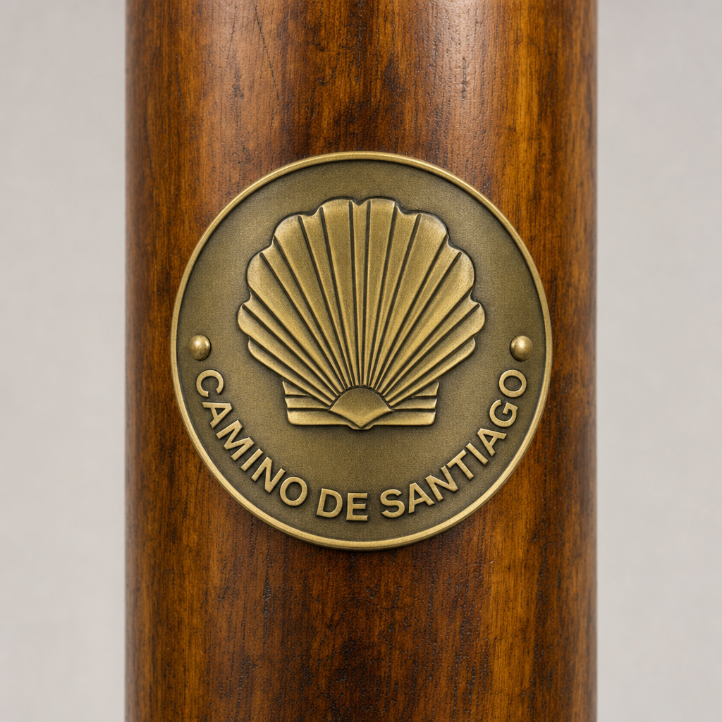 Camino De Santiago Trail hiking stick medallion installed on a wooden hiking staff