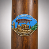 Casa Grande Ruins National Monument hiking stick medallion installed on a wooden hiking staff