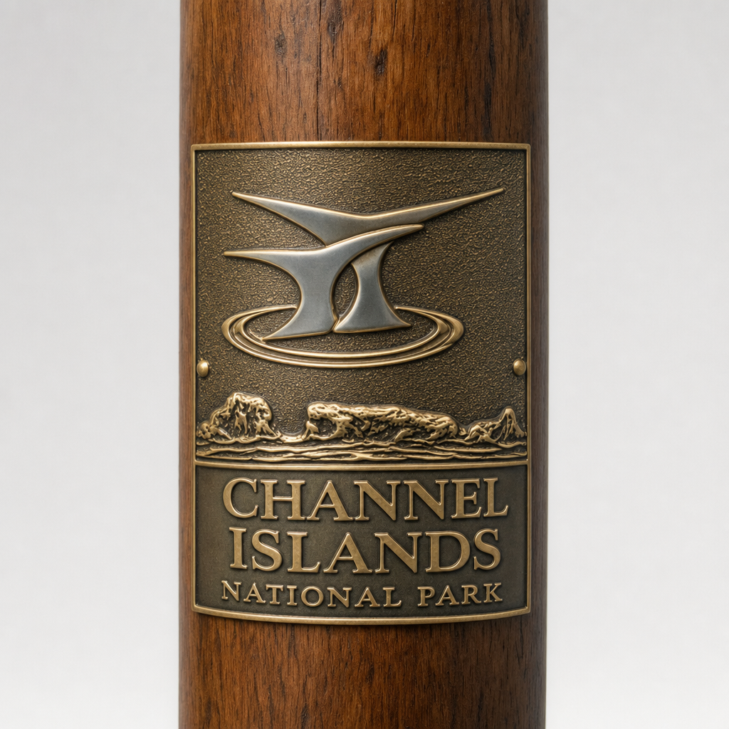 Channel Islands National Park View hiking stick medallion installed on a wooden hiking staff
