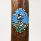Chiricahua National Monument Pinnacle Balanced Rock hiking stick medallion installed on a wooden hiking staff