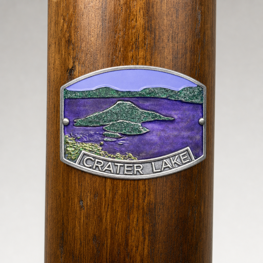 Crater Lake National Park Lake View hiking stick medallion installed on a wooden hiking staff