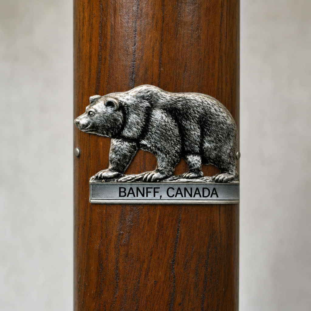 Banff Canadian National Park Bear hiking stick medallion installed on a wooden hiking staff