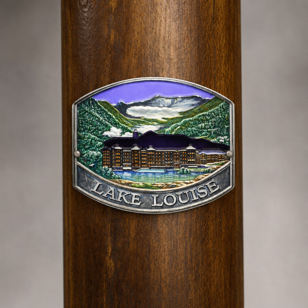 Lake Louise Canadian National Park hiking stick medallion installed on a wooden hiking staff