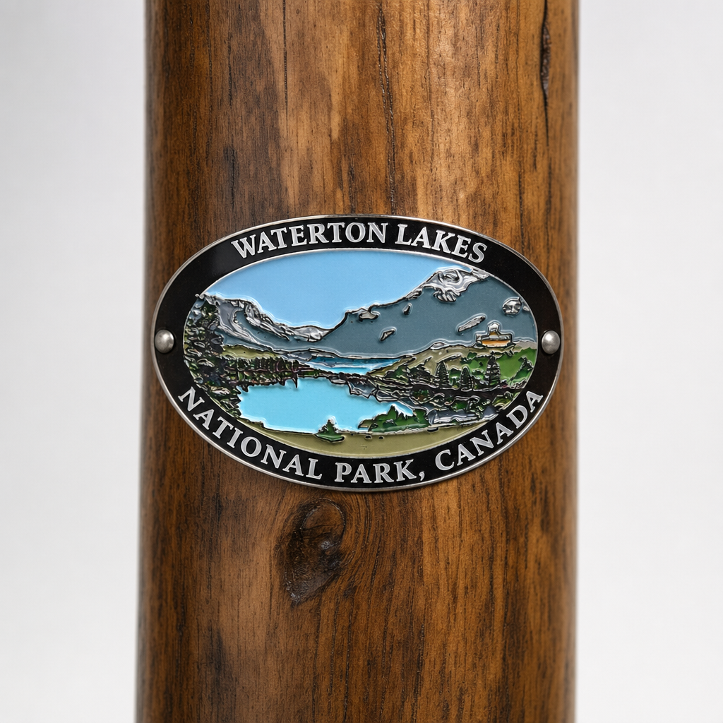 Waterton Lakes hiking stick medallion installed on a wooden hiking staff