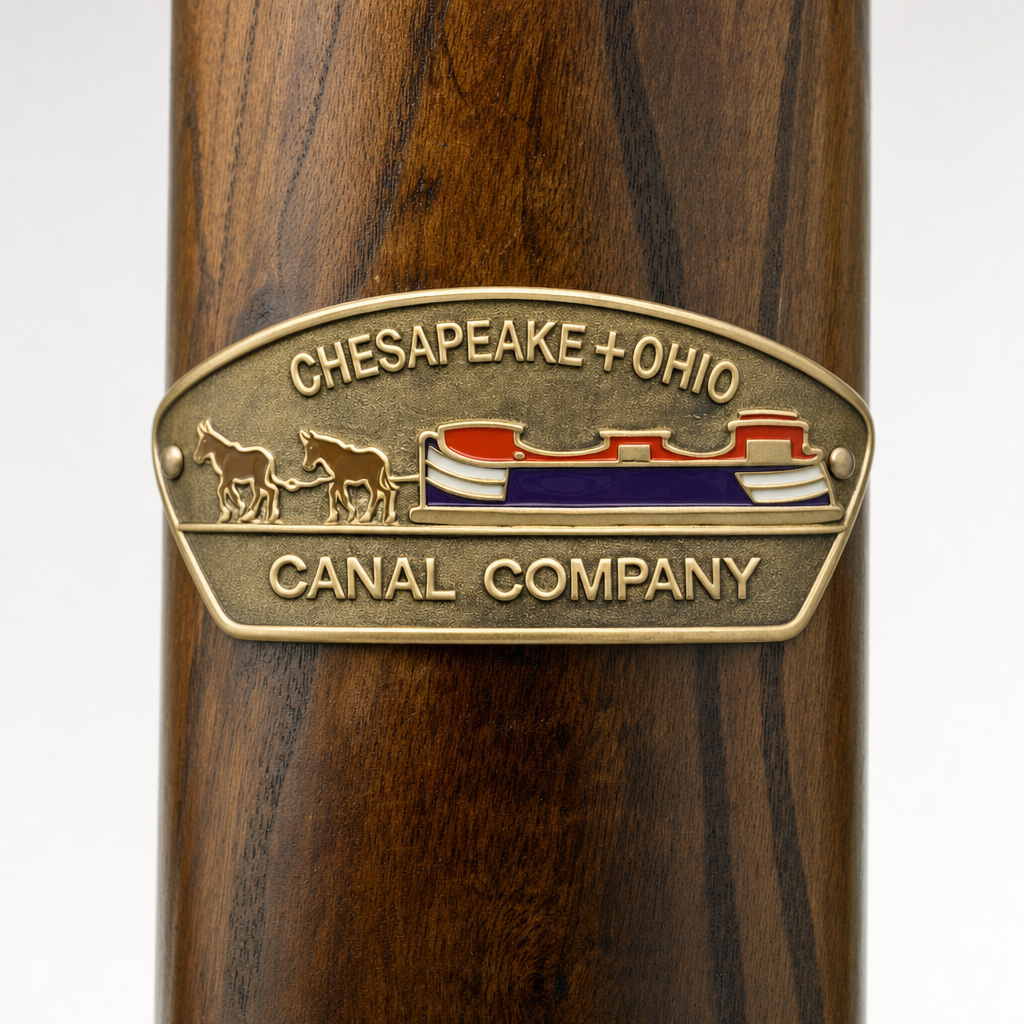 C & O Canal National Historical Site Canal Boat hiking stick medallion installed on a wooden hiking staff