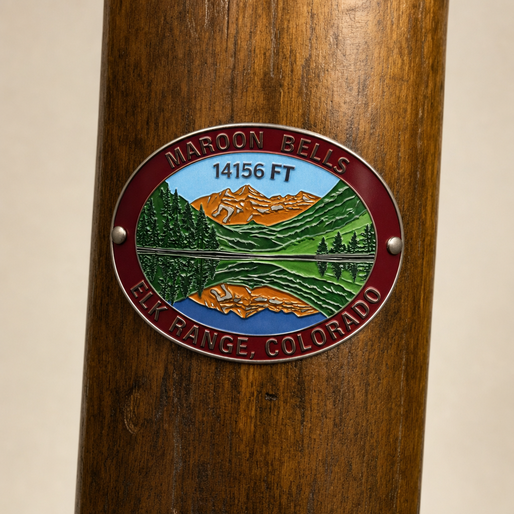 Maroon Bells - Elk Range hiking stick medallion installed on a wooden hiking staff