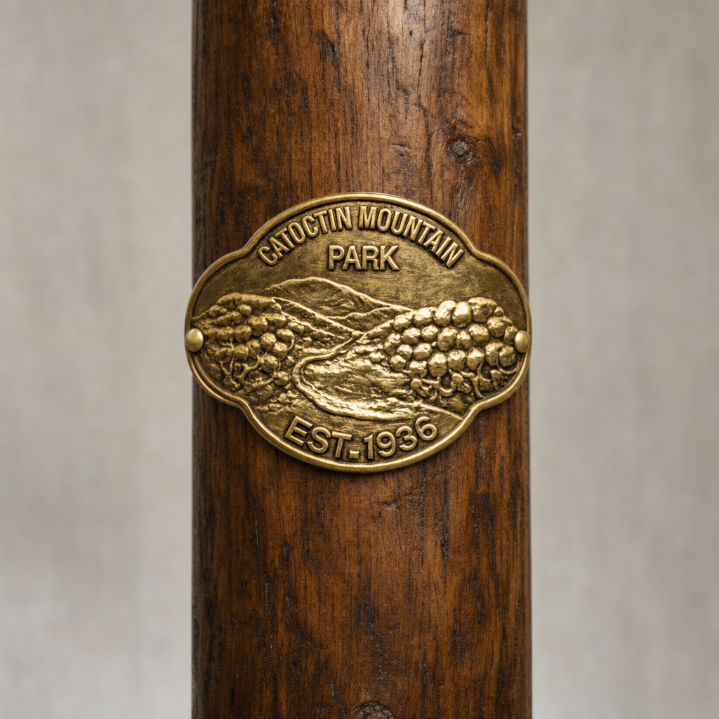 Catoctin Mountain State Park hiking stick medallion installed on a wooden hiking staff