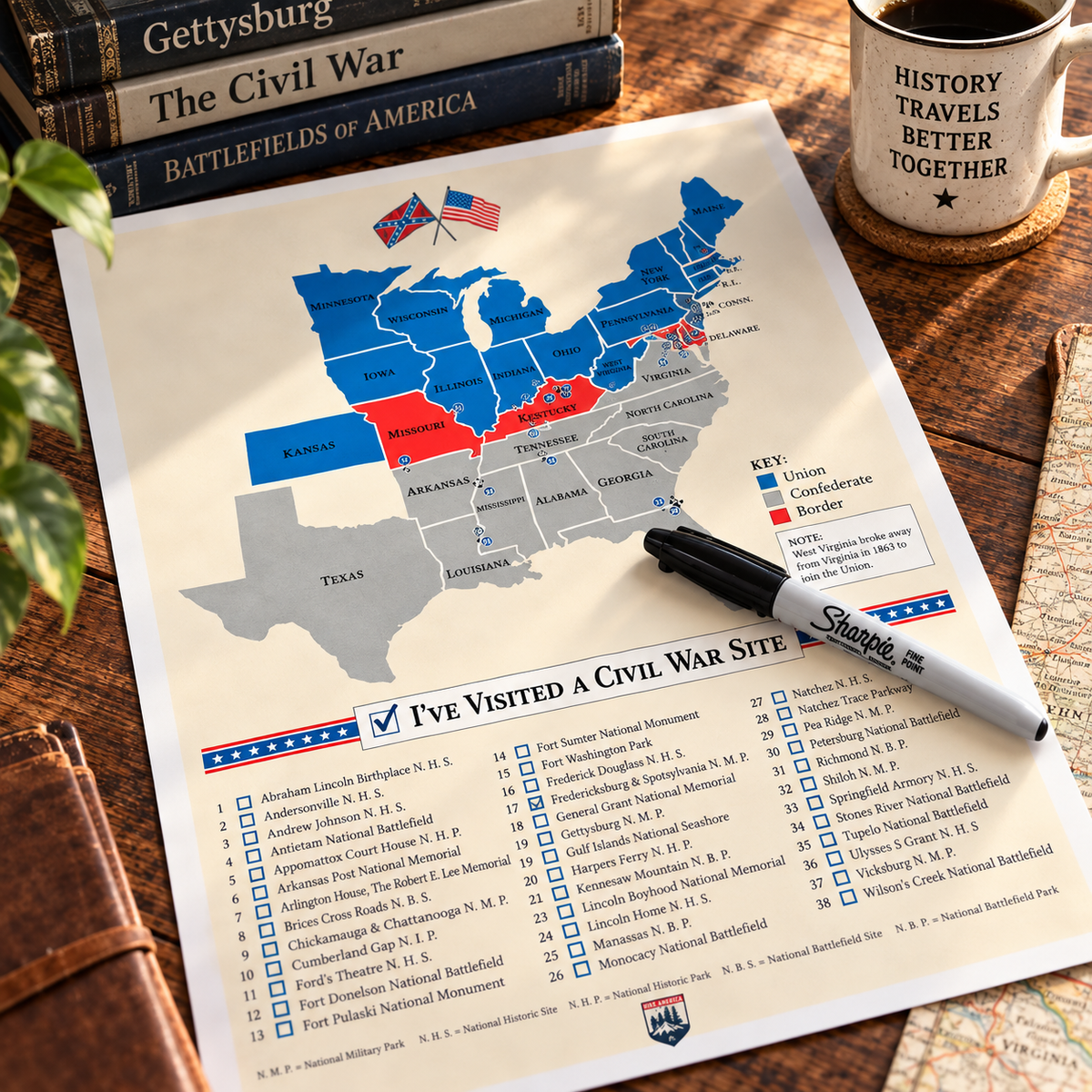 U.S. Civil War Sites Checklist Poster - 18" x 24"