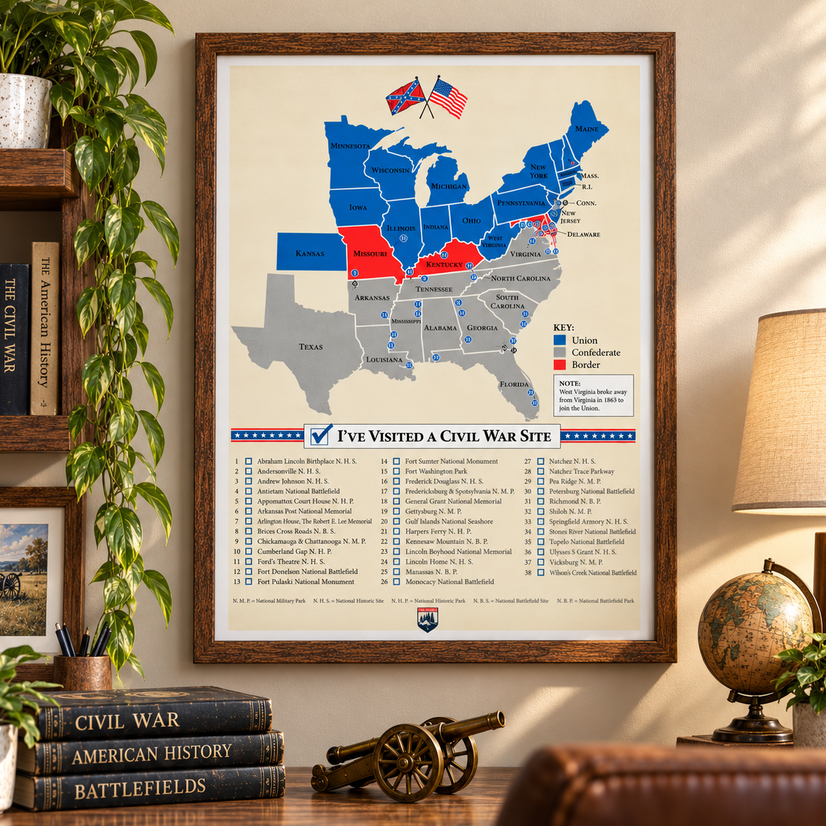 U.S. Civil War Sites Checklist Poster - 18" x 24"