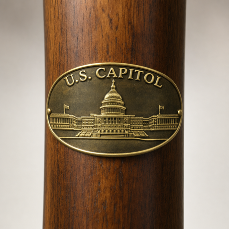 Washington D. C. US Capitol Building hiking stick medallion installed on a wooden hiking staff