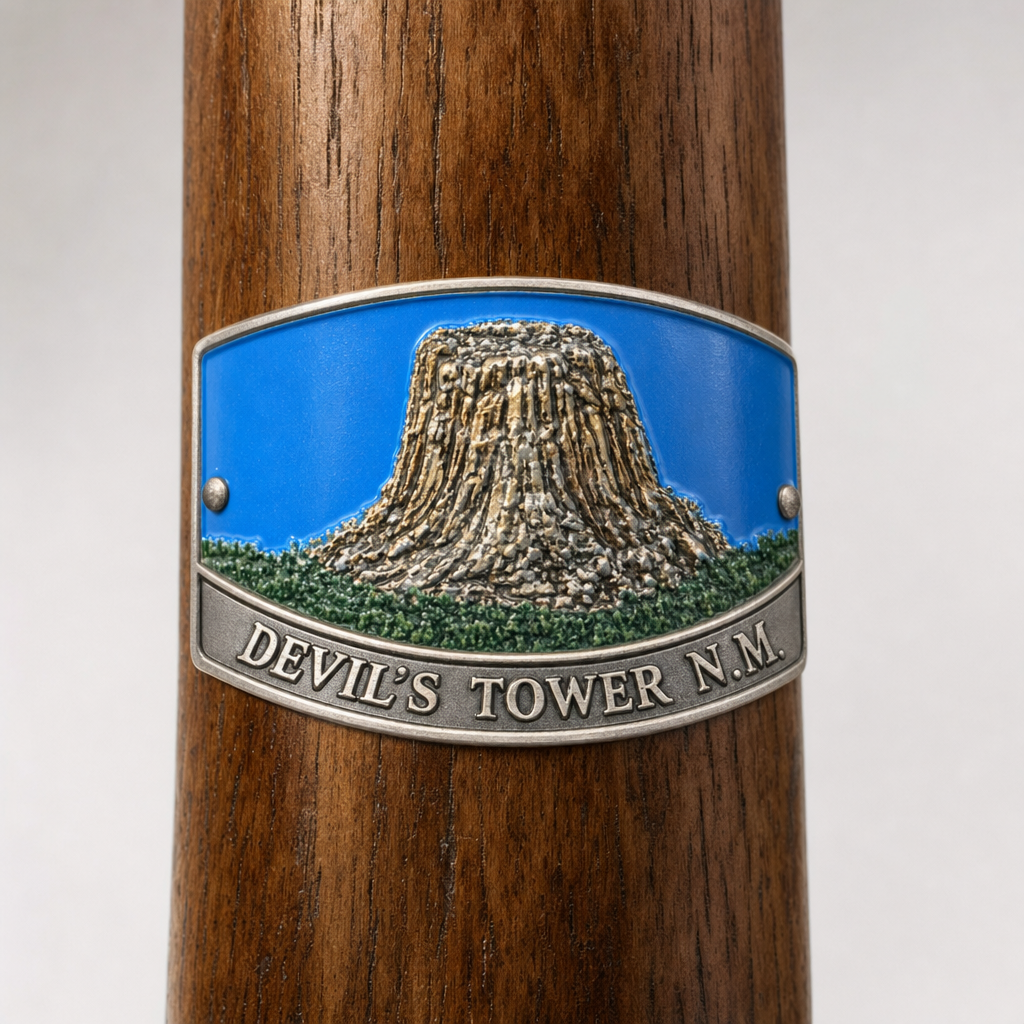 Devil's Tower National Monument View hiking stick medallion installed on a wooden hiking staff