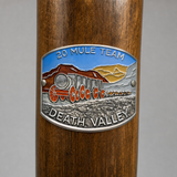 Death Valley National Park 20 Mule Team hiking stick medallion installed on a wooden hiking staff