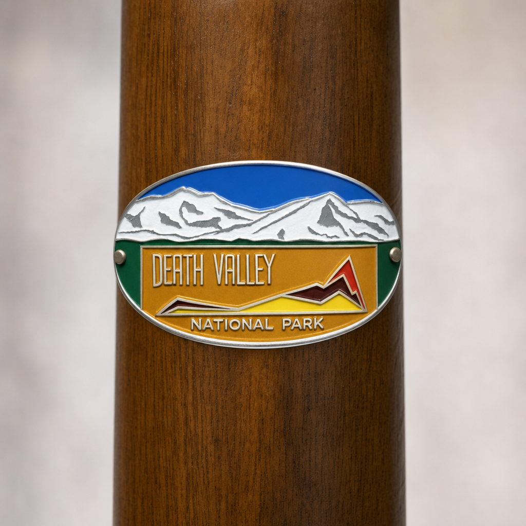 Death Valley National Park View hiking stick medallion installed on a wooden hiking staff