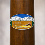 Death Valley National Park View hiking stick medallion installed on a wooden hiking staff
