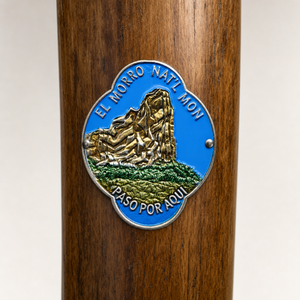 El Moro National Monument View hiking stick medallion installed on a wooden hiking staff