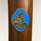 El Moro National Monument View hiking stick medallion installed on a wooden hiking staff