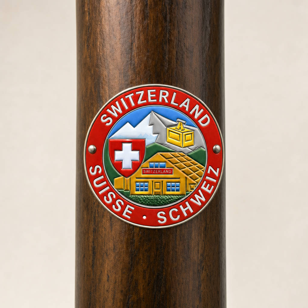Switzerland - View hiking stick medallion installed on a wooden hiking staff