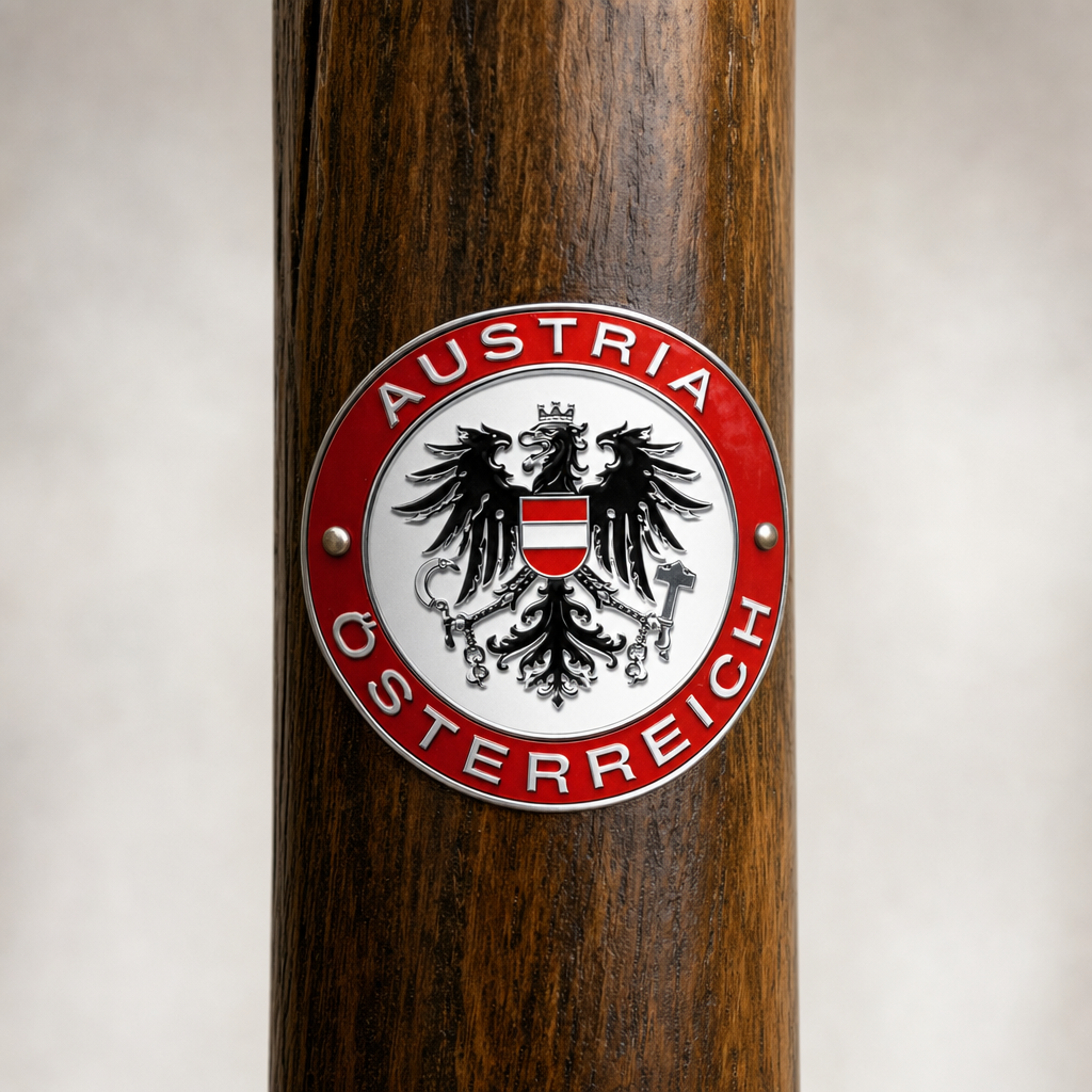 Austria hiking stick medallion installed on a wooden hiking staff