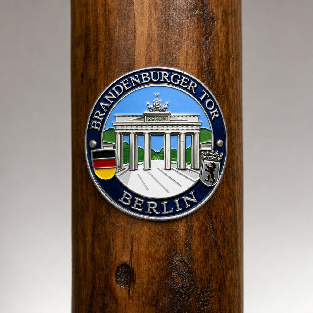 Berlin hiking stick medallion installed on a wooden hiking staff