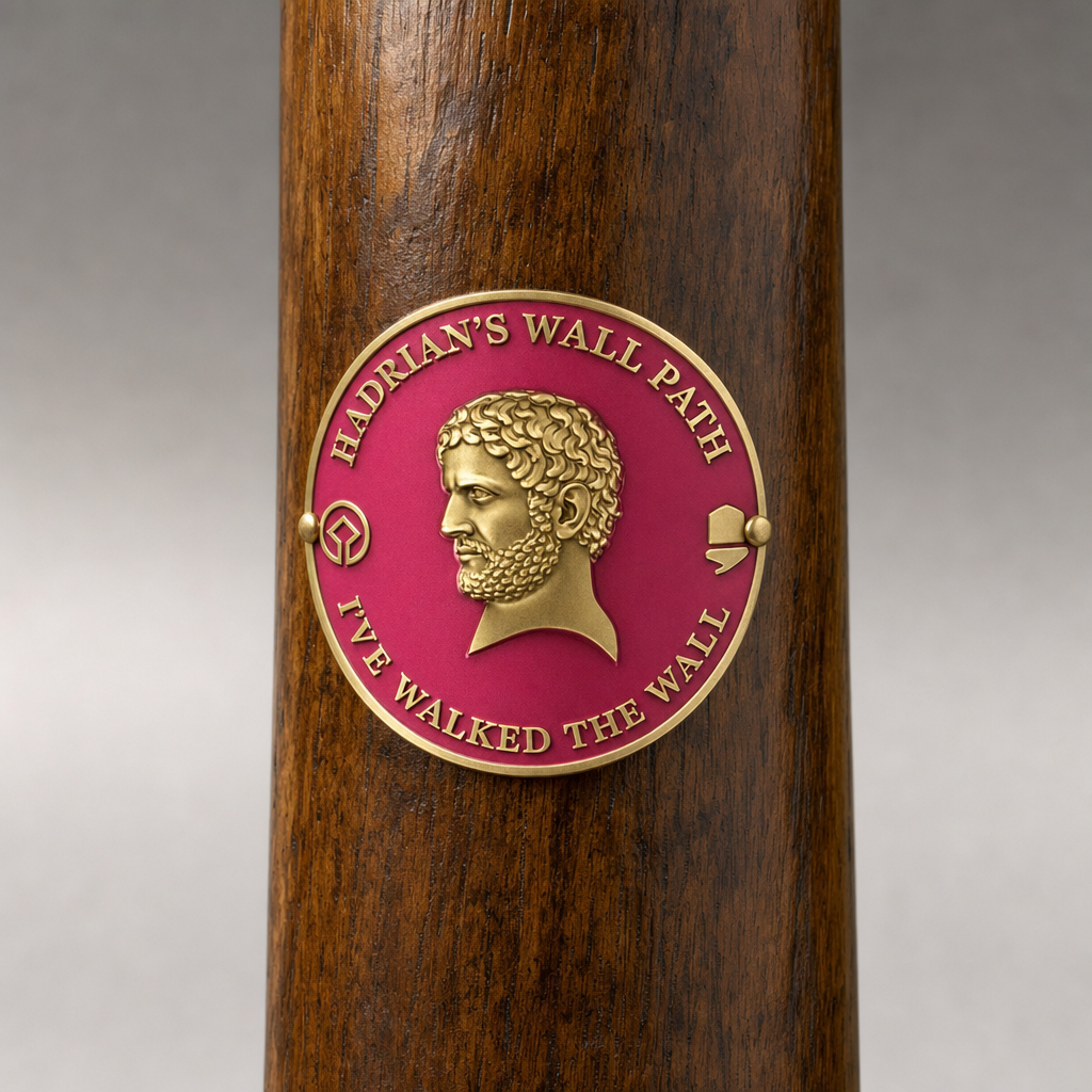 Hadrian's Wall hiking stick medallion installed on a wooden hiking staff